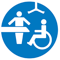 A blue logo with two outlines of people, one is stood and one is in a wheelchair. This is the sign where a changing place can be found.