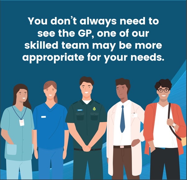 An illustration of NHS healthcare professionals who do different roles. It reads: You don't always need to see the GP, one of our skilled team maybe more appropriate for your needs.