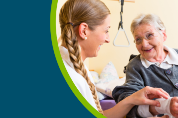 A healthcare professional helping an older lady with a bandage on her wrist in a social care setting.